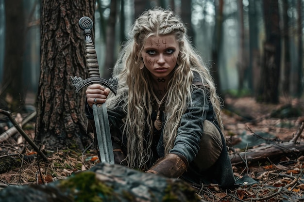 Photo a fierce celtic warrior with intricate markings crouches in a foggy forest gripping a majestic sword ready for battle