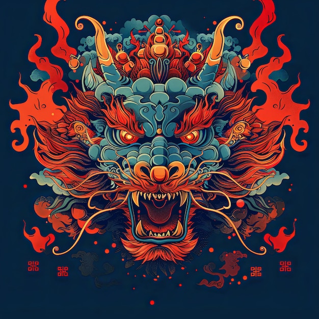 Fierce Dragon Illustration with Red and Blue Color Scheme