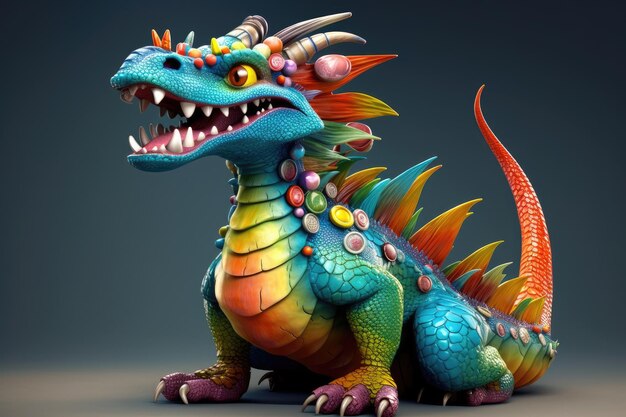 Fierce dragon with green and orange scales and large horns Generative AI