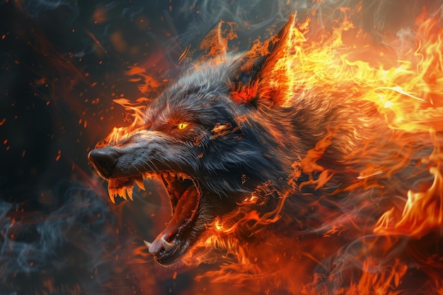 Fierce flaming wolf in fiery inferno