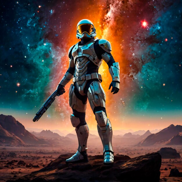 A fierce galactic warrior standing on a distant planet with a backdrop of swirling galaxies