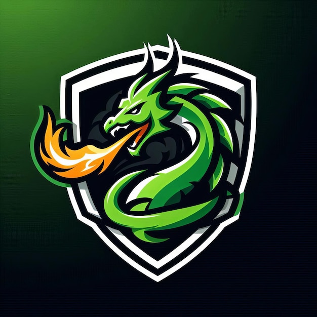 Photo a fierce green dragon head breathing vibrant orange flames enclosed within a modern shield emblem