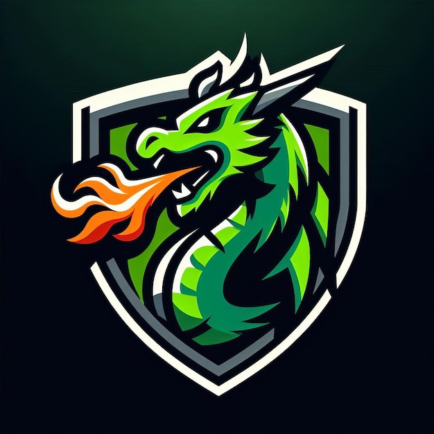 Photo a fierce green dragon head breathing vibrant orange flames enclosed within a modern shield emblem