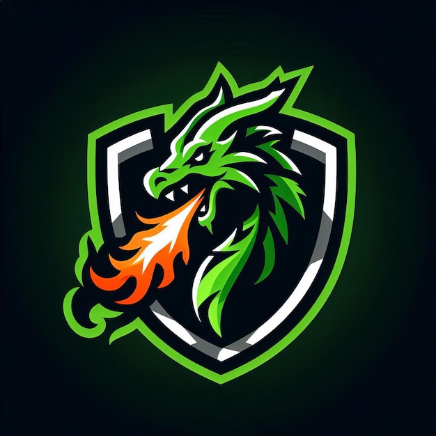 Photo a fierce green dragon head breathing vibrant orange flames enclosed within a modern shield emblem