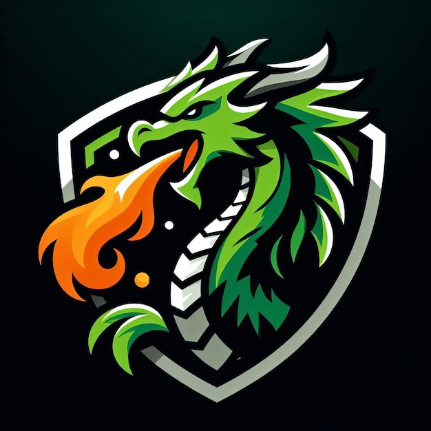 Photo a fierce green dragon head breathing vibrant orange flames enclosed within a modern shield emblem