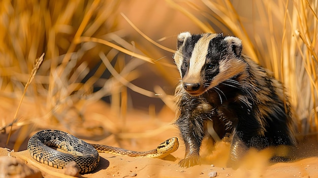 Fierce honey badger facing off against snake savanna A fierce honey badger stands its ground