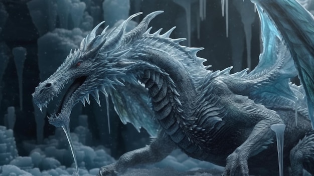 Fierce ice dragon in the scary background generative ai