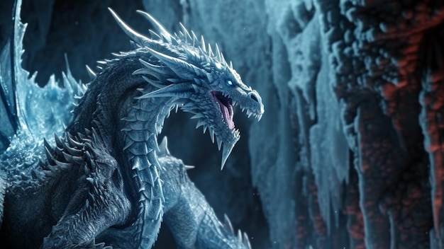 Fierce ice dragon in the scary background generative ai