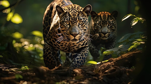 Fierce jaguars prowling through the dense Amazon rainforest blending seamlessly into the shadows