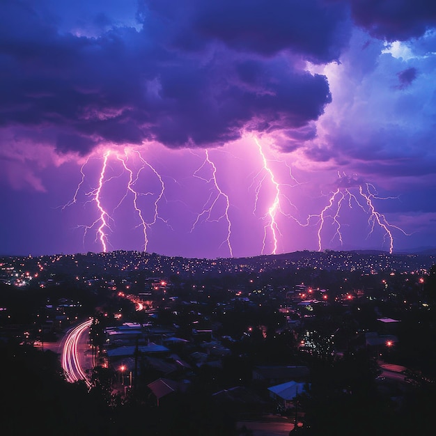 Fierce Lightning Storm Over City with Purple Hue