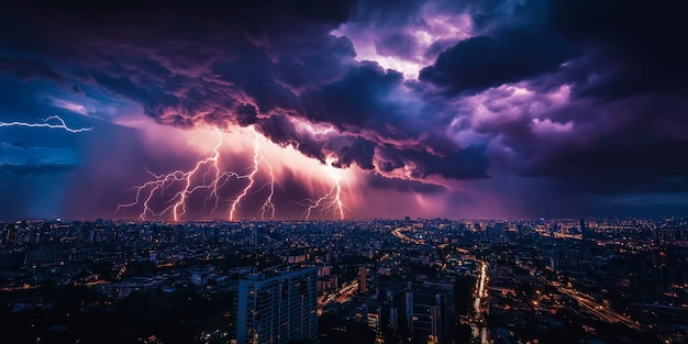 Fierce Lightning Storm Over City with Purple Hue