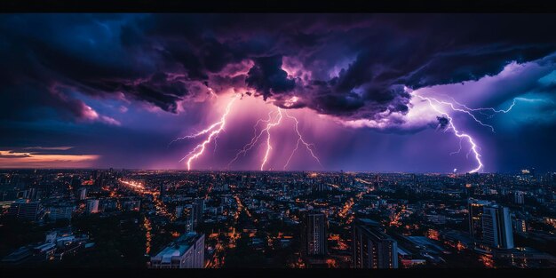 Fierce Lightning Storm Over City with Purple Hue