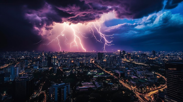 Fierce Lightning Storm Over City with Purple Hue