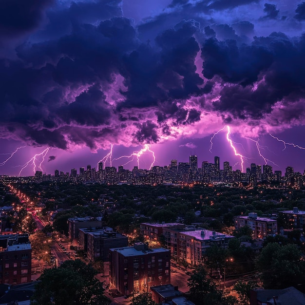 Fierce Lightning Storm Over City with Purple Hue