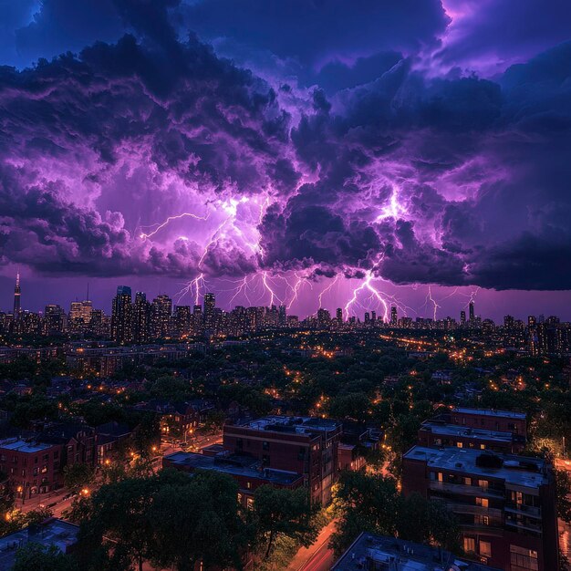 Fierce Lightning Storm Over City with Purple Hue