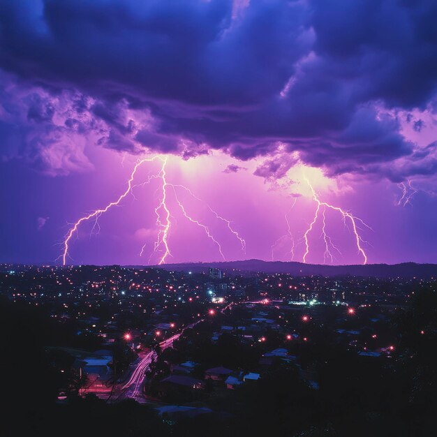 Photo fierce lightning storm over city with purple hue