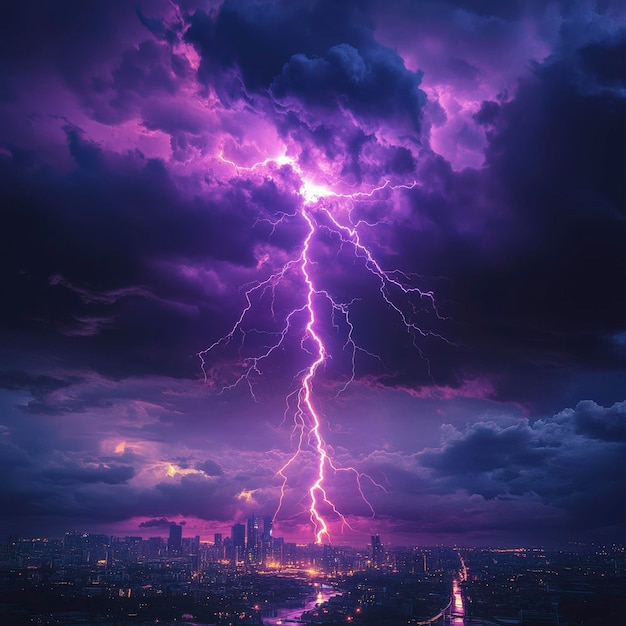 Photo fierce lightning storm over city with purple hue