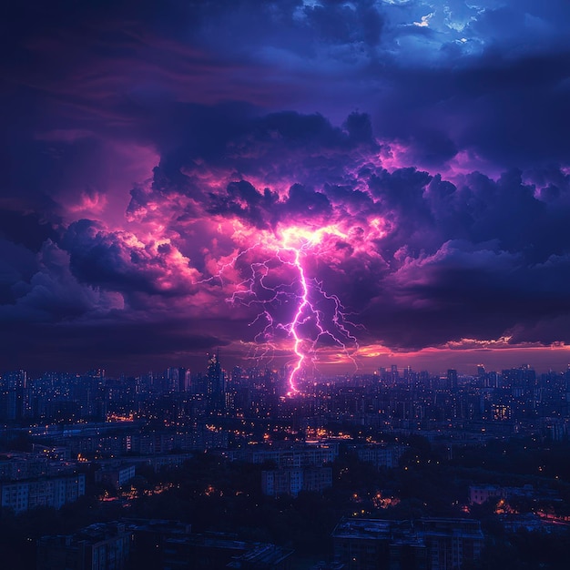 Photo fierce lightning storm over city with purple hue