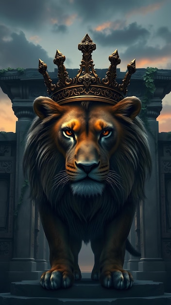 Fierce Lion with Bronze Crown at Ancient Temple Entrance Fantasy Artwork