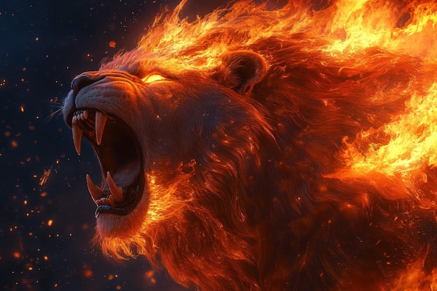 Photo a fierce lion with flames engulfing its mane roaring against a dark starry background