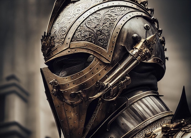 Fierce medieval armored knight engraved skeletal teeth on armored mask ornate golden detailed shiny Corinthian style armor intense brooding look on face ai generated art