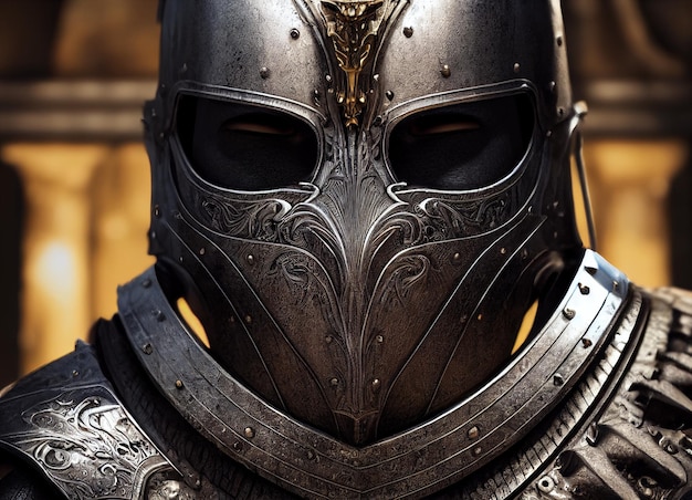 Fierce medieval armored knight engraved skeletal teeth on armored mask ornate golden detailed shiny Corinthian style armor intense brooding look on face ai generated art