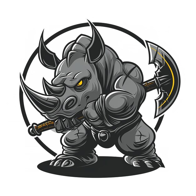 Photo fierce rhino warrior armored yellow eyes wielding a large axe black and grey tones