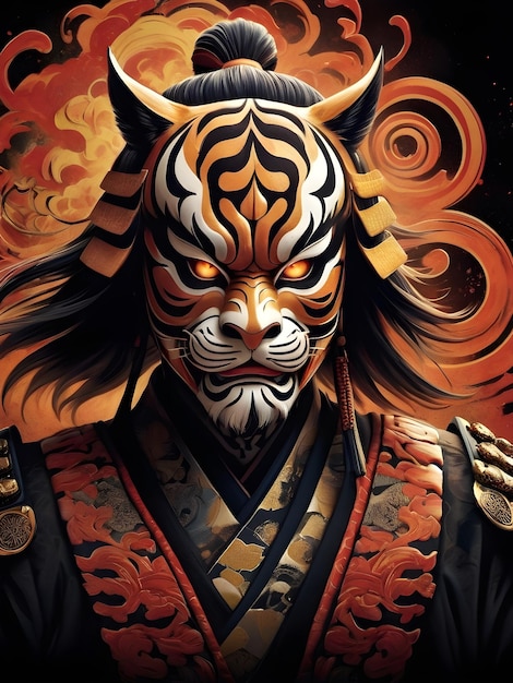 A fierce samurai warrior adorned with a tiger mask