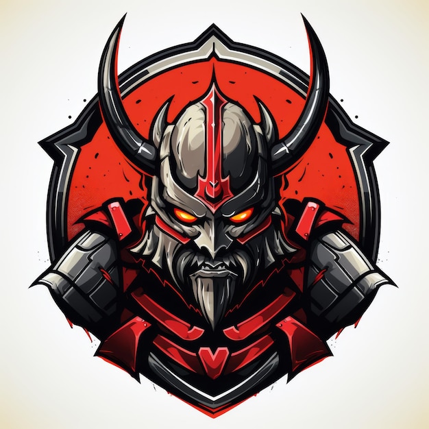 Fierce Samurai Warrior Illustration Red and Black Armored Oni Mask with Horns