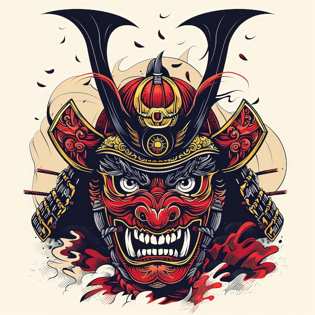 Fierce Samurai Warrior Mask Illustration