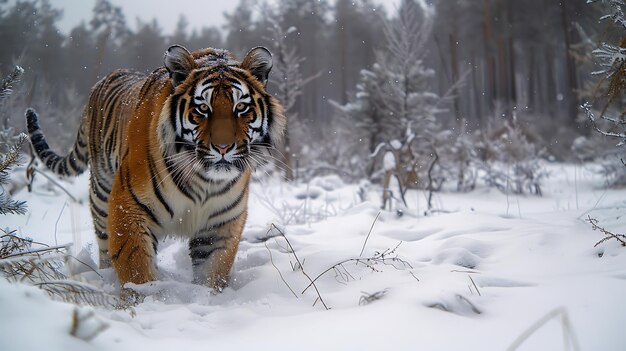 Photo fierce siberian tiger trudging through snowy taiga a fierce siberian tiger trudges through