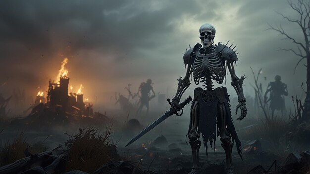 Photo fierce skeleton warrior in a dark landscape