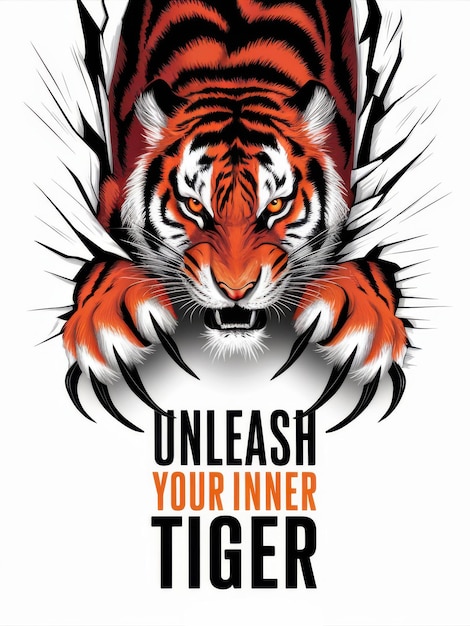 Photo fierce tiger illustration breaking through wall with motivational text