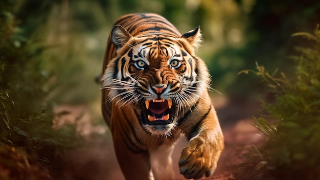 A fierce tiger sprints towards the camera jaws wide open Generative AI