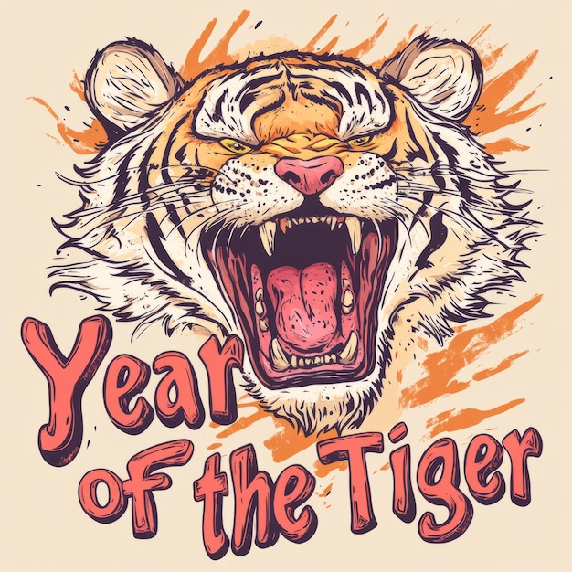 A fierce tiger with an open mouth snarling with bared teeth against a grunge background Year of the Tiger text in a playful font