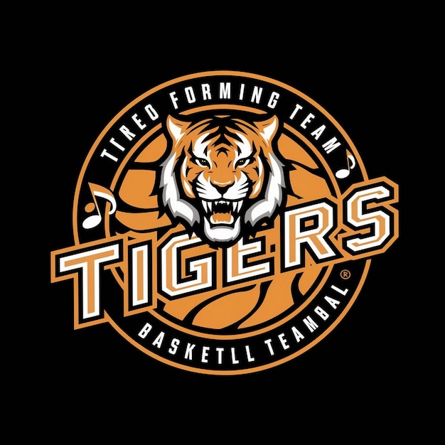 Photo fierce tigers basketball team logo with bold tiger basketball and music notes