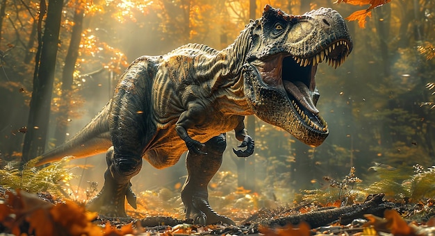 Fierce Tyrannosaurus rex roaring in a misty autumn forest with vibrant fall colors