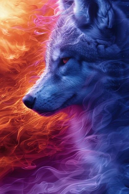 Fierce white wolf with glowing fire and smoke fantasy art concept