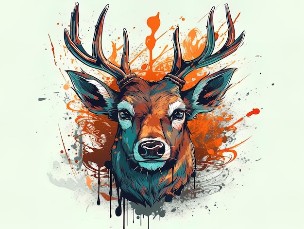 Fierce Whitetail Deer Colorful Tattoo TShirt Design by Wildcat93