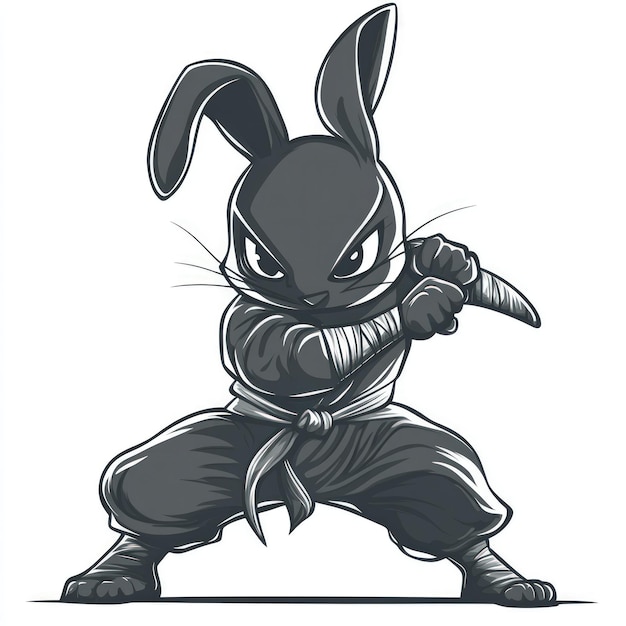 Photo a fiercelooking black rabbit dressed in a black ninja suit with a white belt holding a knife in its right hand facing forward in a fighting stance