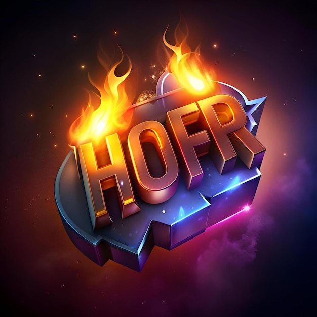 A fiery 3D text design with HOFR in bold golden letters surrounded by vibrant flames and a dark cosmic background