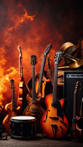 A fiery abstract background with various musical instruments