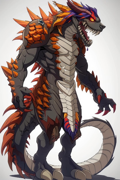 Fiery Anthropomorphic Beast with Spiked Armor and a Long Tail