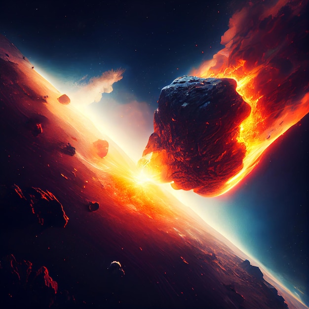 Fiery asteroid flying to earth Apocalypse illustration Generative AI