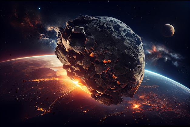 Fiery asteroid flying to earth illustration Generative AI