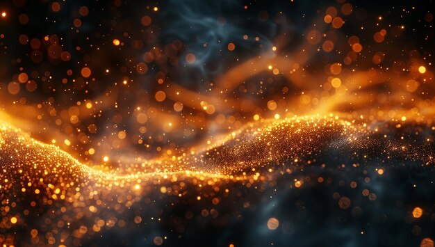 a fiery background with gold particles and stars