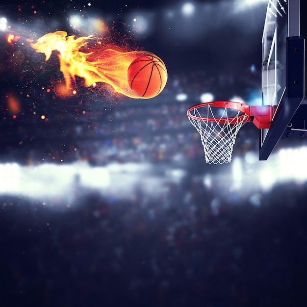 Fiery ball goes fast to the basket at the stadium