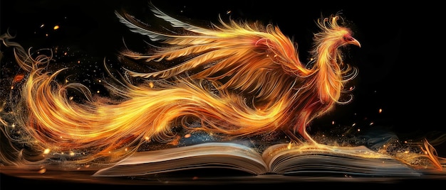 A fiery bird is depicted on an open book with its wings spread wide