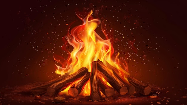 Fiery Bonfire with Sparks and Logs A blazing bonfire with vibrant orange and yellow flames surrounded by logs and glowing embers against a dark background