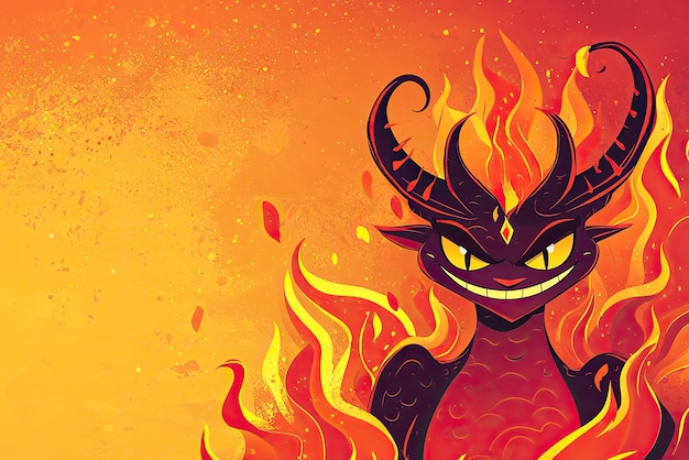 Fiery cartoon style illustration of devilish character with horns and mischievous grin